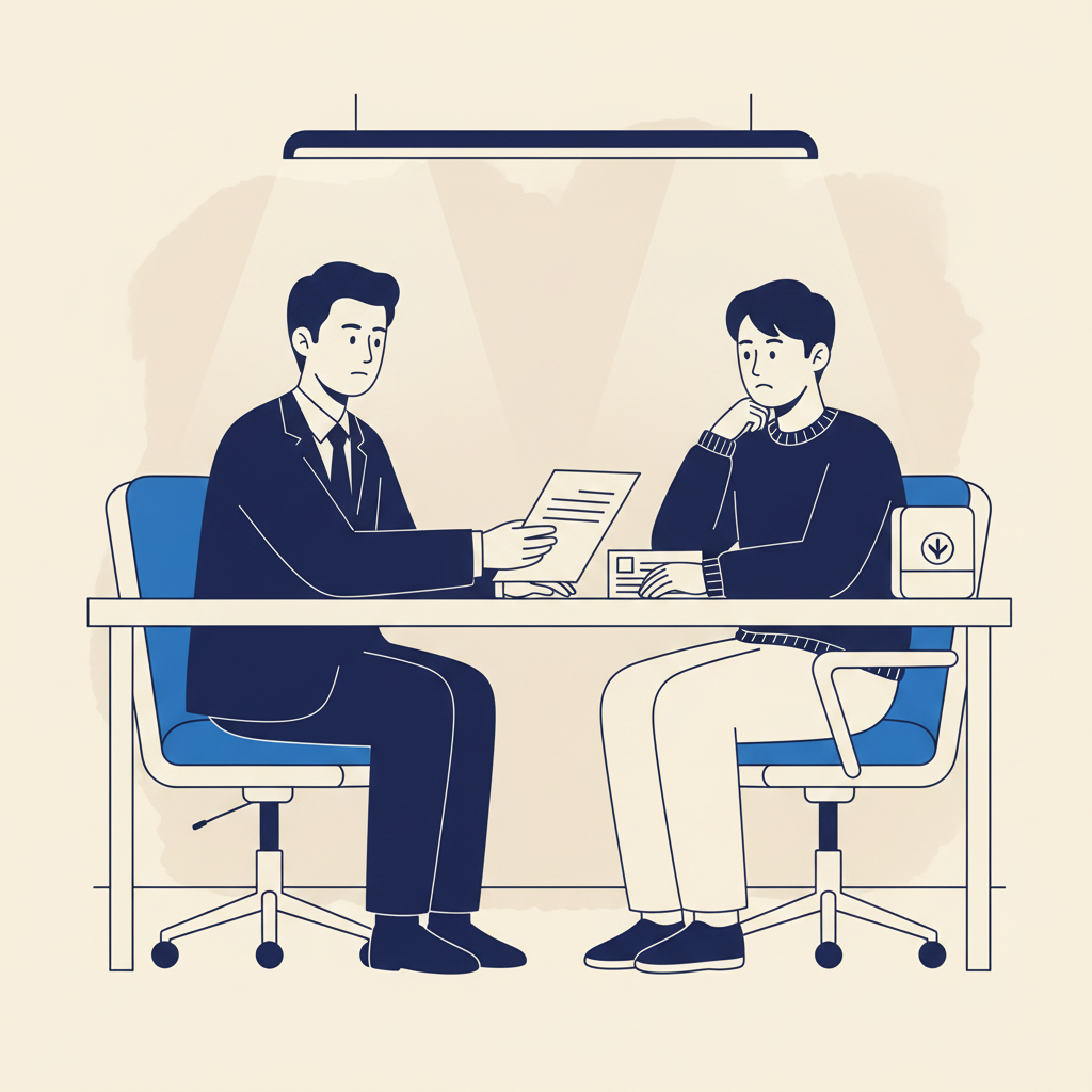 회사가 공상 처리를 유도하는 상황에서 산재 신청을 고민하는 직장인 일러스트