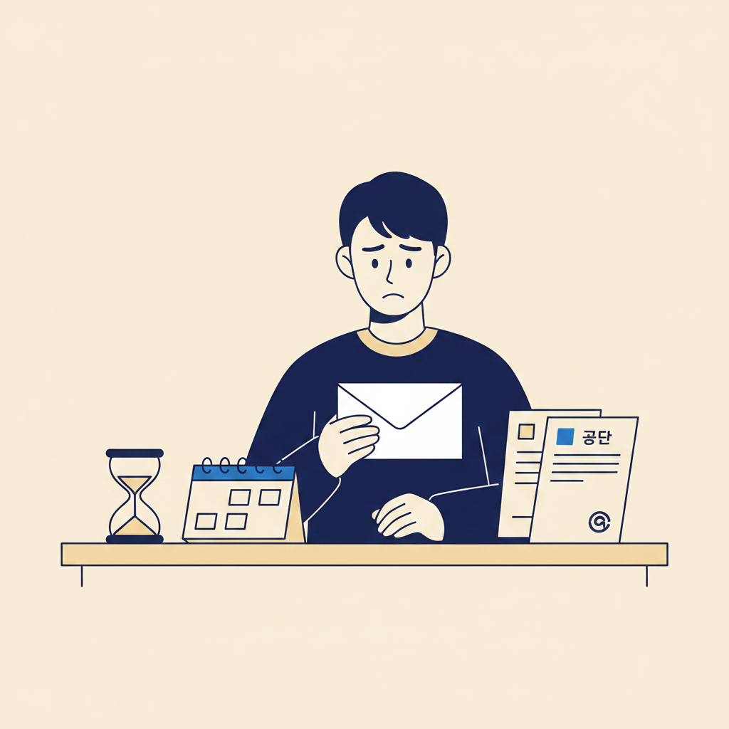 산재 불승인 통보서를 받고 이의제기를 고민하는 직장인 일러스트